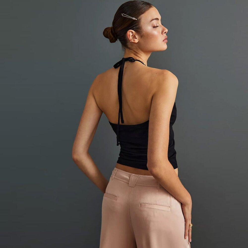 Anthropologie Ruched Keyhole Halter Top, Black Fitted Crop Top - Picture 2 of 3